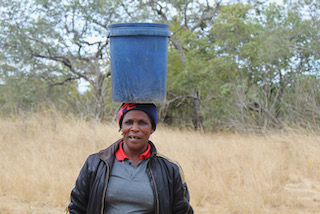 A senior woman carries water in a large blue bucket, balanced on her head