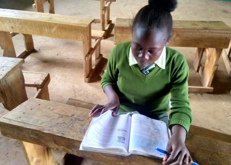 A child, seated in her classroom, goes through her textbook