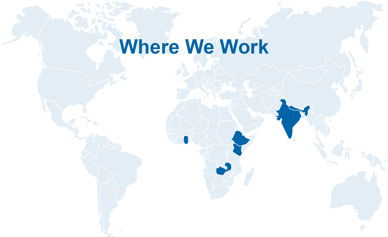 A map of the world with India, Nepal, Ethiopia, Ghana, Kenya and Zambia highlighted in blue. It shows Operation Eyesight's areas of work.