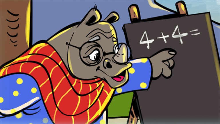 An old woman depicted by an artist as a rhinoceros points at a chalkboard showing a math equation. She wears glasses and a kameez and dupatta.