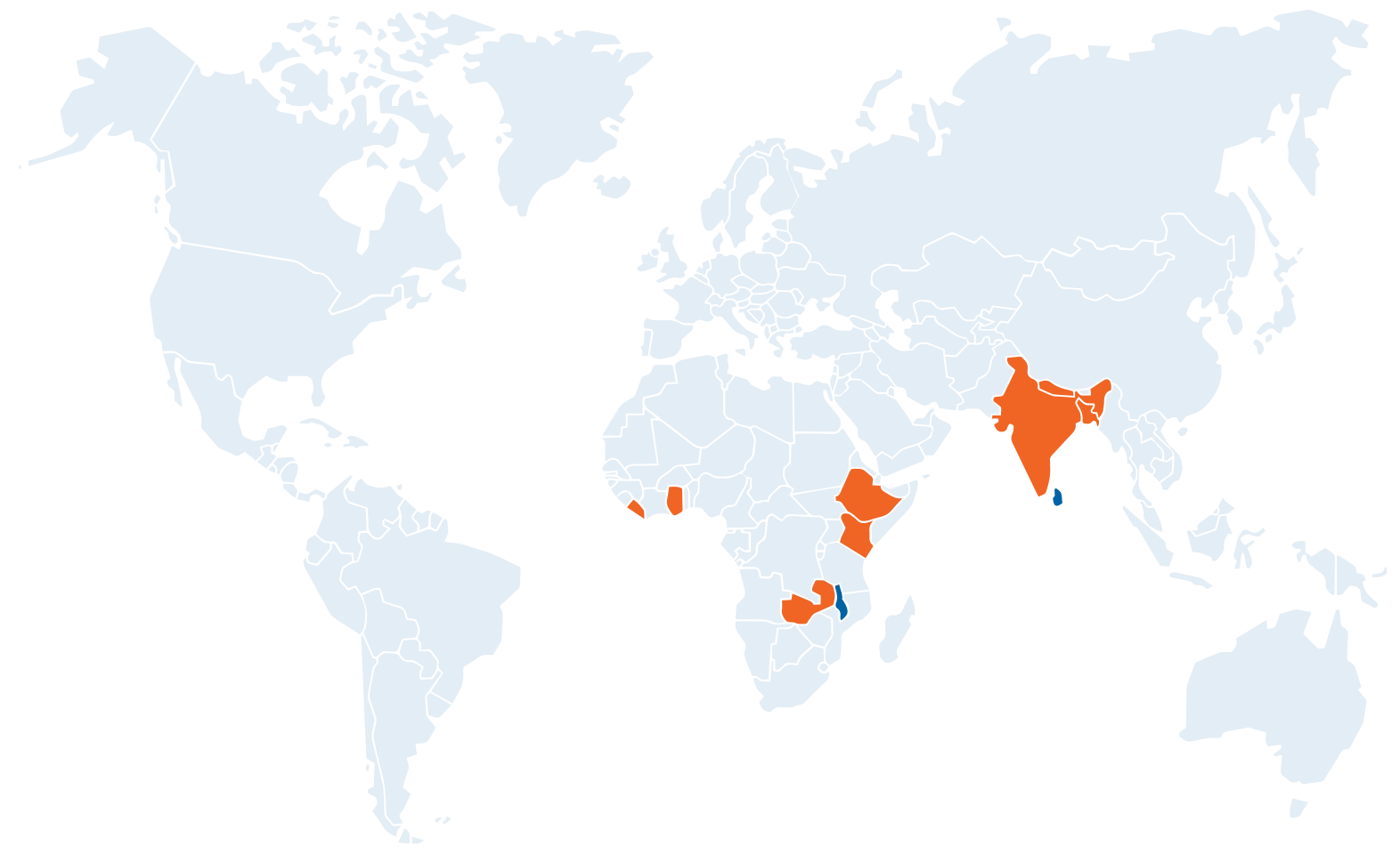 Where we work map with India, Nepal, Bangladesh, Ethiopia, Kenya, Zambia, Ghana and Liberia highlighted