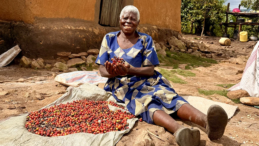 A woman sits next to a pile of raw coffee beans